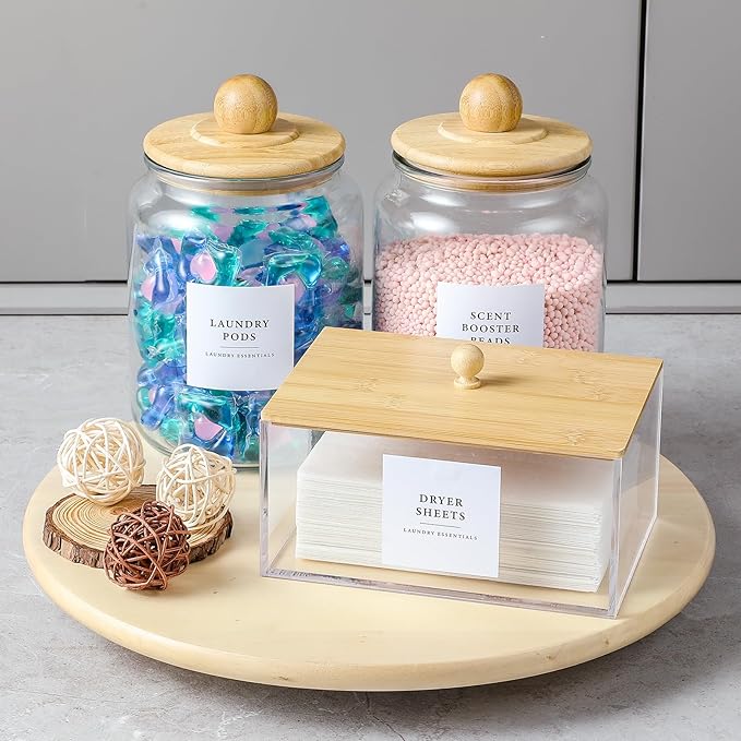 Glass Jars and Dryer Sheet Holder with Bamboo Lids, Dispenser Set and Labels, Containers for Laundry Room Organization and Storage, Half Gallon Airtight jars, Acrylic Storage Box for Laundry supplies