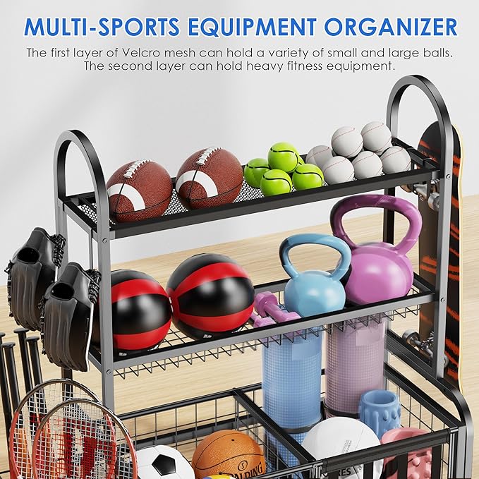 Garage Ball Storage, 2 in 1 Sports Equipment Organizer, Garage Organizer with Basket and Hooks, Individually Movable Rolling Sports Ball Organizer Cart, Black