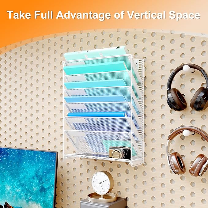 Kuntine.B Wall File Organizer Hanging Magazine Holder (White, 7 Tier)
