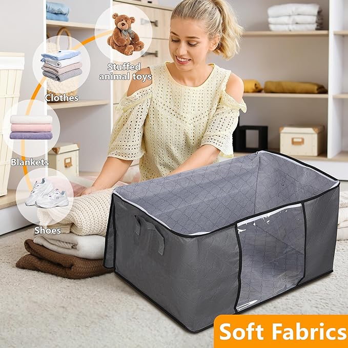 90L Large Blanket Storage Bags, 6 Pack Clothes Storage Bag Comforter Storage Bin with Reinforced Handle and Lid Foldable Closet Organizer and Storage Containers for Bedding Sheets and Duvet