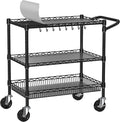 Heavy Duty Rolling Cart with Wheels, 3 Tier Commercial Grade Utility Cart, Metal Kitchen Storage Trolley with Handle Bar & Shelf Liner for Food Service Tool, Black
