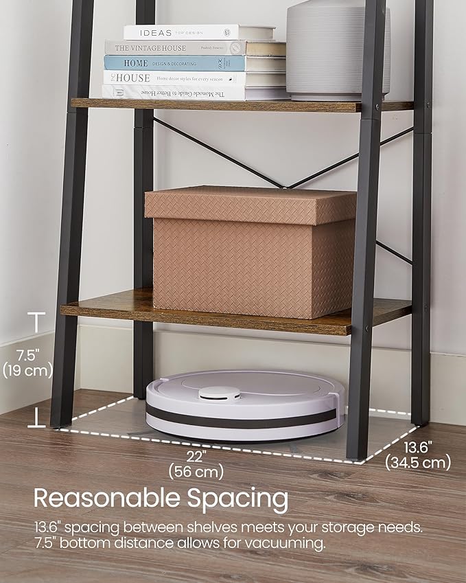 VASAGLE Ladder Shelf, 4-Tier Bookshelf, Storage Rack, Bookcase with Steel Frame, for Living Room, Home Office, Kitchen, Bedroom, Industrial Style, Rustic Brown and Ink Black ULLS44X