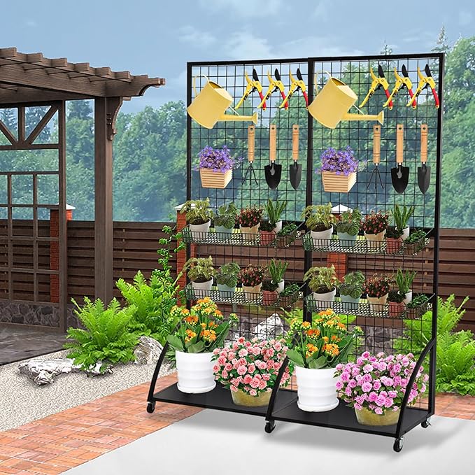 Eastern Tree Grid Wall Panels, Black Gridwall Panels Stand with Base Plate, Wire Grid Wall Panel Display with Wheels, Craft Show Display Rack, Retail Display with 20 Pieces Hooks, 2 Packs 2.5'x 6'