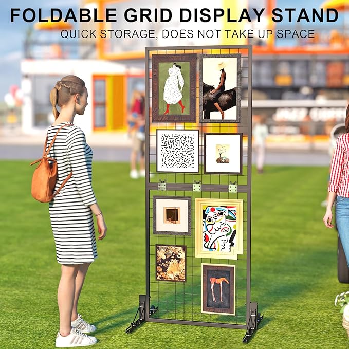 Grid Wall Display Panel Heavy-Duty Foldable, 2ft x 6ft Black Wire Wall Grid 1-Pack with 10 Hooks, Spring-Loaded Pins( Flat Base) for Retail Display Racks,Vendor Booth Display Stand, Trade Exhibits
