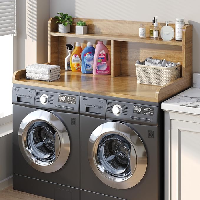 2-Tier Washer Dryer Countertop, 18.5" Raised Height Laundry Countertop with Edge Rails and Non-Slip Pad, 54"W x 27.55"D Washer and Dryer Topper for Laundry Room Storage Organization (Pure Wood Color)