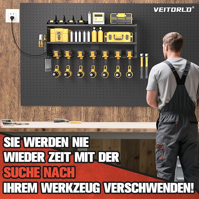 Veitorld Power Tool Organizer with Charging Station, 4 Drill Holders, Heavy Duty Modular Wall Mount Rack for Garage & Shed Organization, Tool Storage Organizer, Gifts for Men Dad Husband Christmas