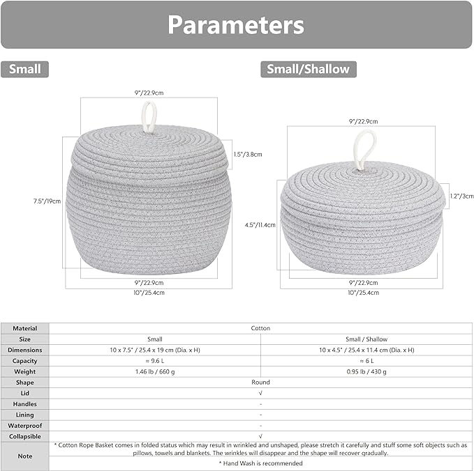 Sea Team Round Cotton Rope Storage Basket with Lid, Decorative Woven Storage Bin, Pot, Caddy, Organizer, Container for Snacks, Towels, Plants, 10 x 4.5 Inches (Small, Shallow, Grey)