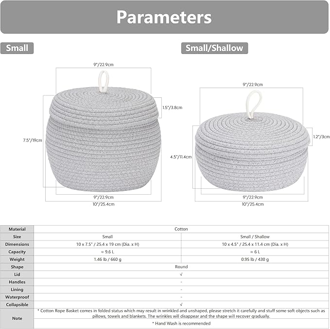 Sea Team Round Cotton Rope Storage Basket with Lid, Decorative Woven Storage Bin, Pot, Caddy, Organizer, Container for Snacks, Towels, Plants (Rainbow, Small/2-Pack)