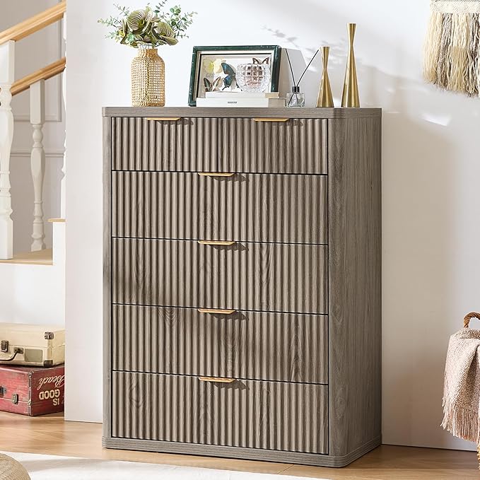 LEYAOYAO Fluted 6 Drawers Dresser for Bedroom, 42" Tall Modern Chest of Drawers with Metal Handle, Curved Profile Design,Grey Wood Drawer Organizer for Bedroom, Living Room, Hallway, Entryway