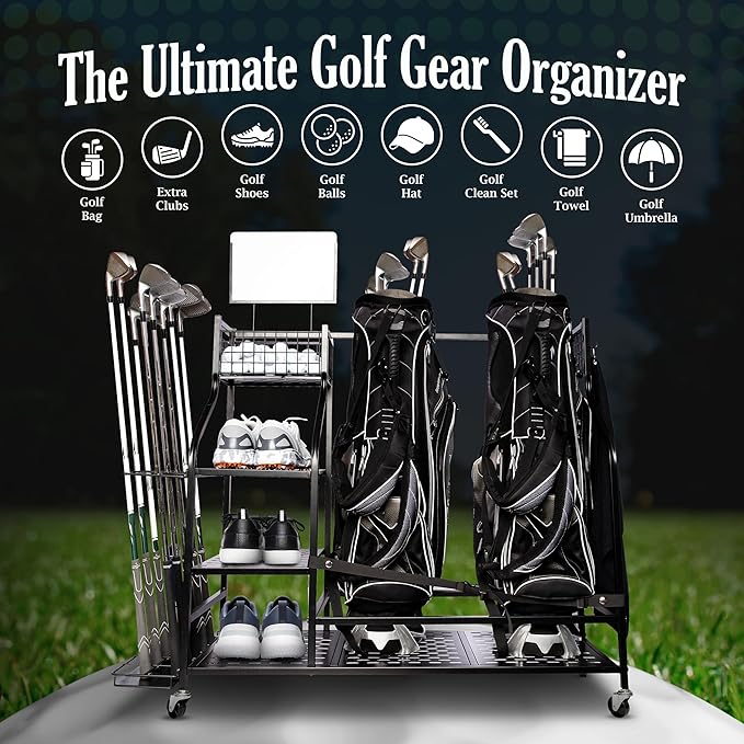 Heavy-Duty Golf Storage Rack for Garage – Holds 2 Golf Bags – Freestanding Organizer with Shelves, Club Stand, Hooks & Basket – Perfect for Shed, Backyard, Home Simulators, Basement