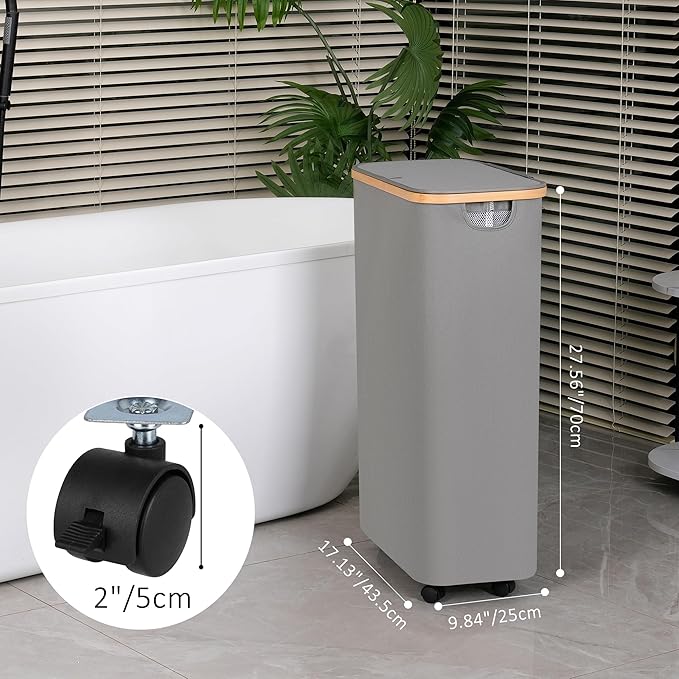 75L Slim Laundry Hamper with Wheels,Clothes Hamper for Laundry,Laundry Basket with Lid & Inner Bag,for Laundry Room, Bedroom, Dormitory Organization,Grey