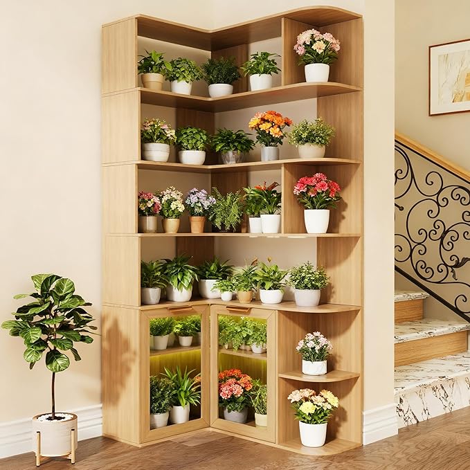Corner Shelf with Storage Cabinet,7-Tier Corner Bookshelf,Farmhouse L Shaped Shelves Etagere Bookcase, Large L Shaped Bookshelf with Vine Woven Open Storage Cabinet for Home Office