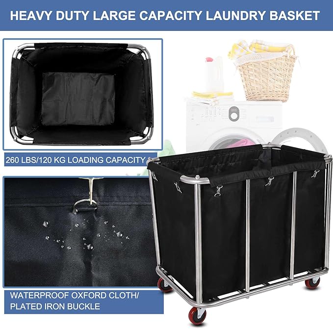 Large Laundry Cart with Wheels,Commercial Stainless Steel Heavy Duty Service Cart Laundry Hamper for Hotel/Home/School/Resort