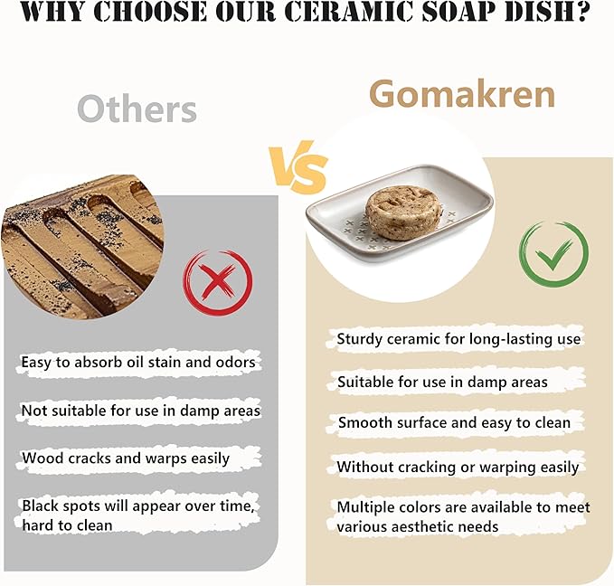 Gomakren Soap Dish, Shower Soap Holder, Christmas Ceramic Soap Dishes for Bar Soap Sponge Shampoo, Soap Saver Tray for Bathroom Kitchen Sink Counter, 5.5 Inch, Beige