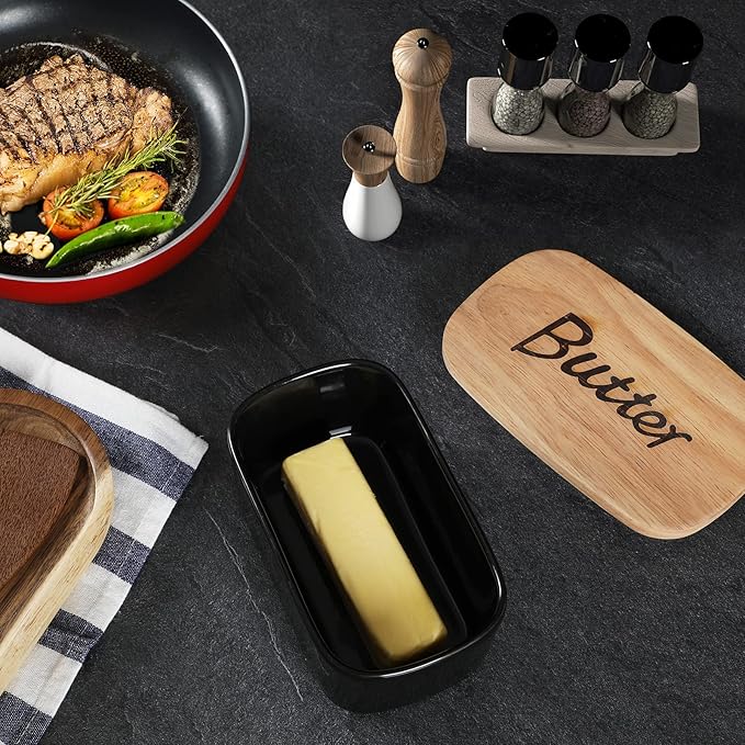 GDCZ Ceramics Butter Dish with Wooden Lid- Large Covered Butter Holder for Countertop, Butter Keeper Container Perfect for Holds 2X 4oz West/East Coast Butter, Black
