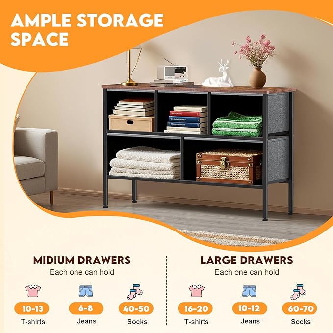 Curved Profile Dresser for Bedroom, Chest of Drawers, 5 Storage Drawers Organizer Unit, Black Dresser with Fabric Bins for Closet, Living Room, Kid Room (Grey and Rustic Brown)