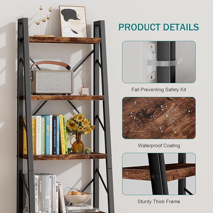 Vongrasig Ladder Bookshelf with Drawer, 5 Tier Industrial Bookcase Display Shelf, Tall Narrow Bookcase Corner Freestanding Rack Storage Organizer for Home Office, Living Room