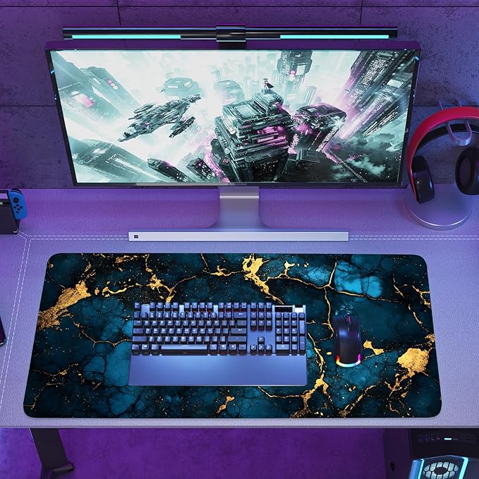 Blue Marble Gold Vein Mouse Pad – Large Extended Desk Mat 35.43 x 15.75 in – Elegant Navy Ink Texture with Metallic Cracks, Keyboard & Mouse Pad for Office & Gaming