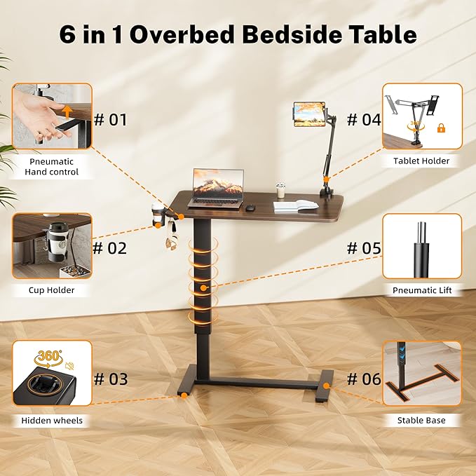 Adjustable Overbed Bedside Table with Wheels(31.2" W), Hospital Bed Table Over The Bed, Mobile Standing Desk Rolling Computer Cart, Laptop Desk with Cup Holder, Phone & Tablet Holder