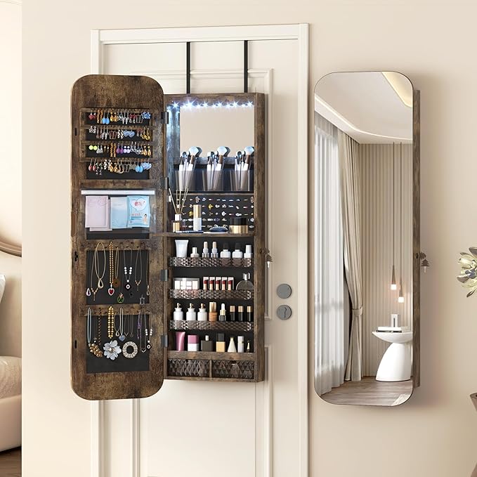 Vlsrka 47.2" LED Mirror Jewelry Cabinet, Wall/Door Mounted Full Length Mirror with Storage, Lockable Jewelry Armoire with Mirror, Rounded Corner Hanging Mirror Jewelry Organizer, Rustic Brown