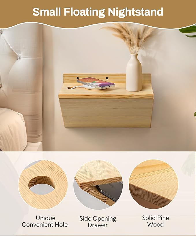 Floating Nightstand, Rustic Wooden Floating Bedside Table Z-Shape Wall Mounted Nightstand Small Hanging Night Stands for Bedroom (2, Natural Wood)