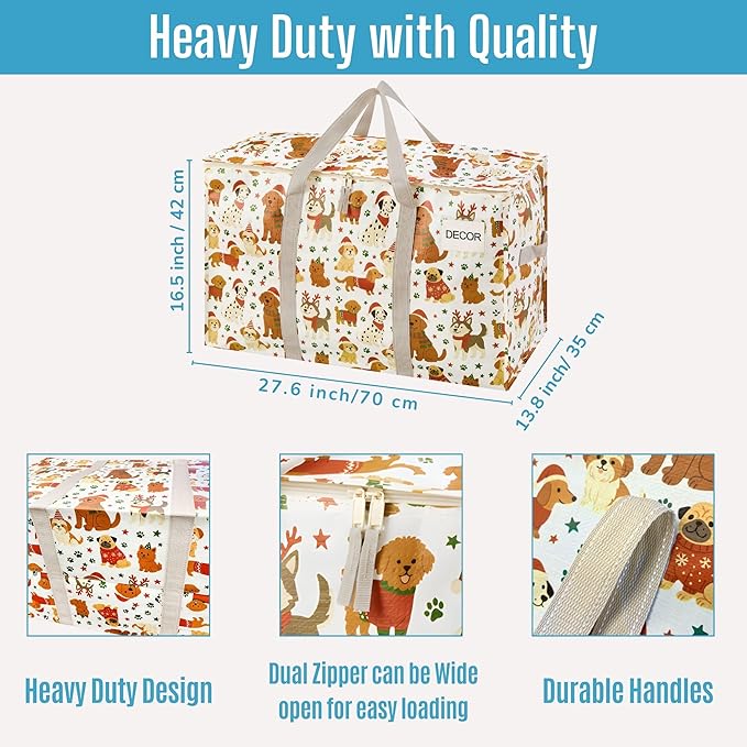 VENO 2 Pack Moving Bags and Large Christmas Storage Bins with lids. Alternative to Moving Boxes, Packing Supplies for College. Extra Large Heavy Duty Totes for Packaging (Holiday Pups, 2 Pack)