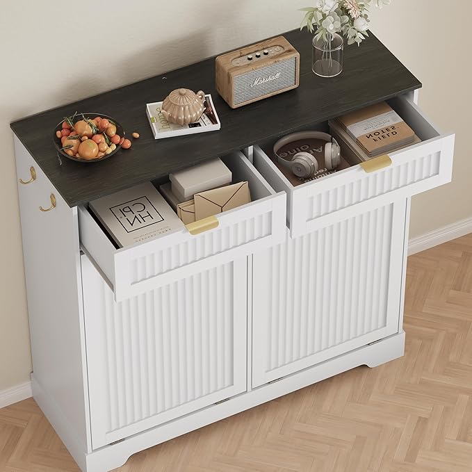 2x13 Gallons Double Tilt Out Trash Can Cabinet, Wooden Fluted Trash Garbage Can Cabinet with 2 Drawers, Hidden Laundry Hamper with Hooks for Kitchen Living Room, White