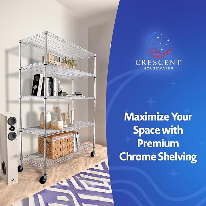 4000 LBS Heavy Duty Metal Shelving Unit – 36x18x76 NSF 5-Tier Wire Rack with Wheels, Adjustable Garage Storage Shelves, Chrome Wire Shelving for Kitchen, Warehouse, Bakers Rack – Crescent