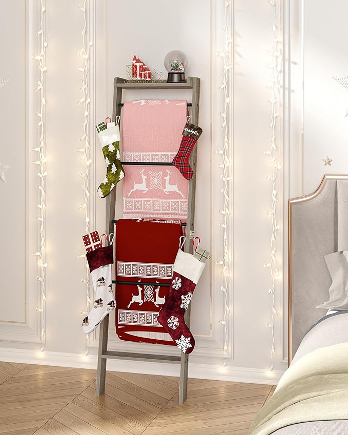 Blanket Ladder Shelf, Decorative Quilt Rack,6-Tier Farmhouse Ladder Holder Organizer with 4 Removable Hooks, Greige BR35805B