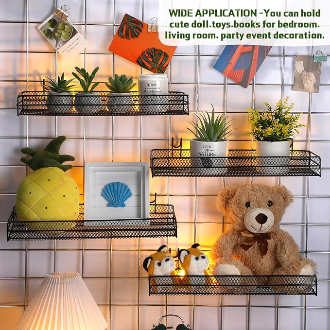 4 Pcs Black Metal Grid Wall Baskets with Hooks Hanging Wire Mesh Basket for Gridwall Wall Mounted Storage Organizer for Home Kitchen Organizing Display