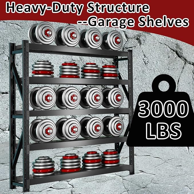 3000LBS Heavy-Duty Garage Shelving, 47" W Metal Shelves, 4-Tier Adjustable Garage Shelving Units, Storage Racks for Warehouse, Workshop