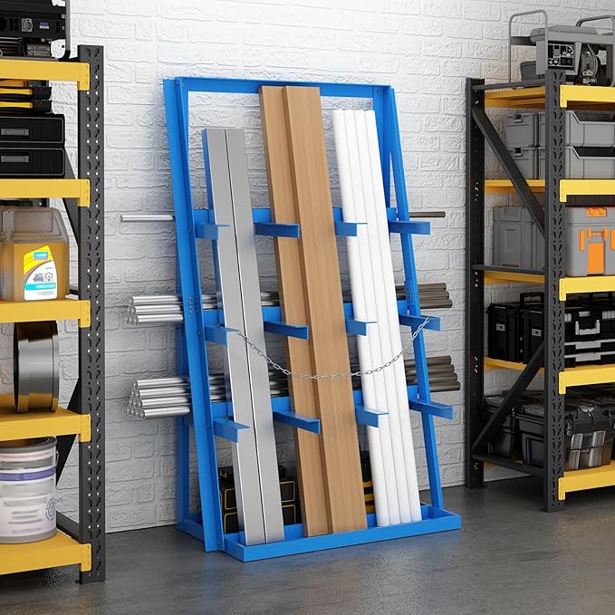 Vertical Bar Rack, 3000 LB Capacity Heavy-Duty Steel Lumber Storage, 39" W x 24" D x 84" H Pipe Organizer Rack with Safety Chain, Wall-Mounted for Garage Workshop