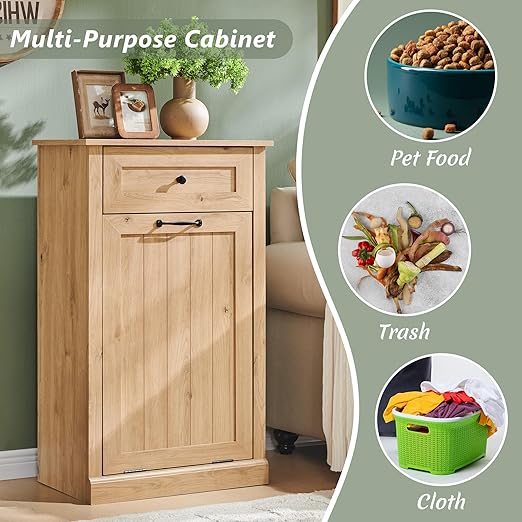 Tilt Out Trash Can Cabinet, 10 Gallon Farmhouse Laundry Hamper Cabinet with Drawer, Hidden Wooden Trash Garbage Can Bin with Storage Basket for Kitchen, Living Room (Natural)