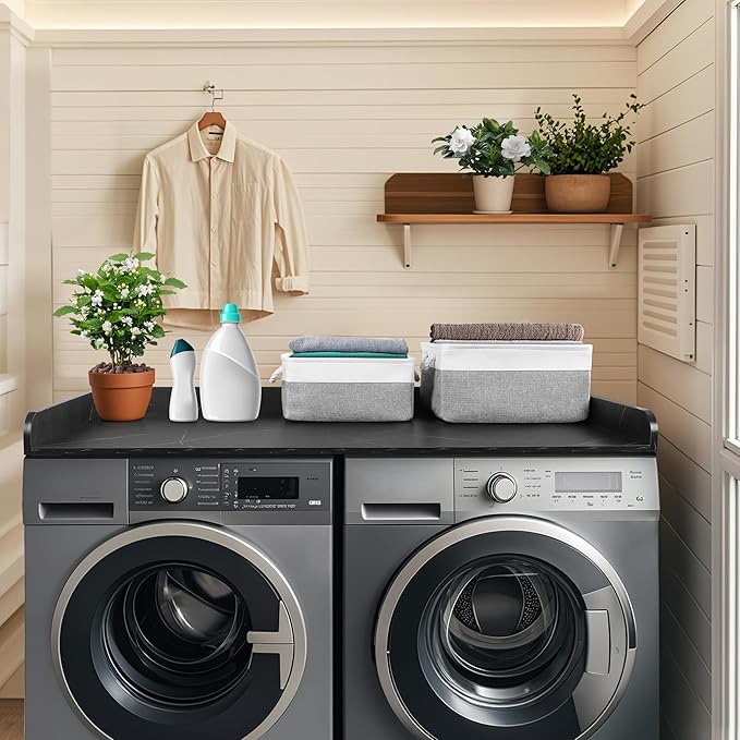 Washer Dryer Countertop with 2 Pack Storage Baskets, Wood Washer and Dryer Countertop with Non-Slip Pads/Edge Rails for Laundry Room Storage and Organization, 27.5" W x 54" L(Black Marble)