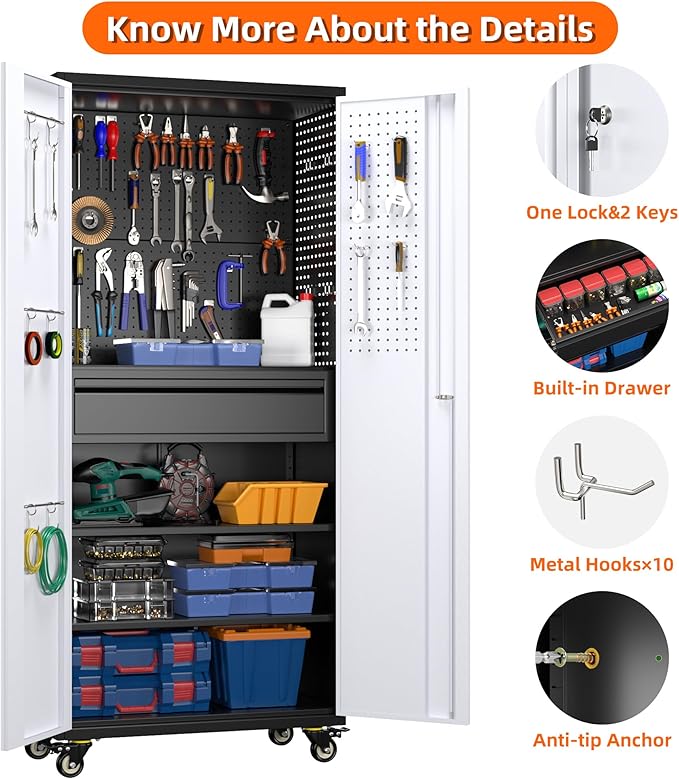 Aobabo Garage Storage Cabinet with Wheels and 1 Interior Drawer, 71"H Metal Rolling Tool Cabinet with 16 Hooks and 2 Adjustable Shelves for Garage, Home, Office, Kitchen, Assembly Required, Black Gray