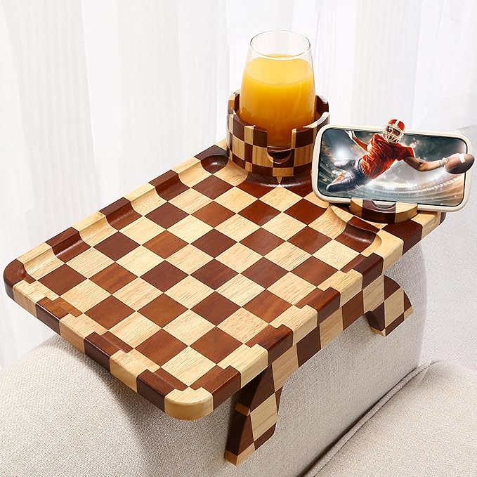 Couch Arm Table, Checkered Carbonized Rubber Wood Sofa Armrest Tray, 3-in-1 Clip-on Large Couch Cup Holder Tray with 360° Rotating Cup Holder & Phone Stand for Drinks, Snacks & Remote