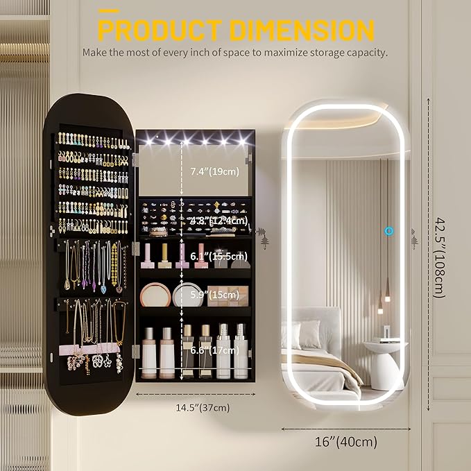 LVSOMT LED Mirror Jewelry Cabinet, Wall/Door Mount Jewelry Mirror Organizer, Rounded Full Length Mirror with Storage, Lockable Jewelry Armoire, 16" Wide, Foldable Shelf, Interior Mirror, Black