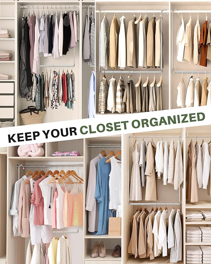 Hanging Closet Rod, 2 Pack Adjustable Height & Width Closet Rods for Hanging Clothes-Closet Extender Hanging Rod Space-Maximizing Design Suitable for Hanging and Drying Clothes, Silver