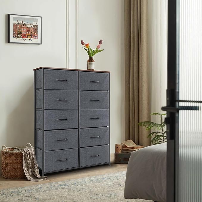 Dresser for Bedroom with 10 Drawers, Chest of Drawers, Storage Drawers Organizer Unit, Grey Wide Fabric Dresser with Fabric Bins for Closet, Living Room, Entryway (Grey and Rustic Brown)