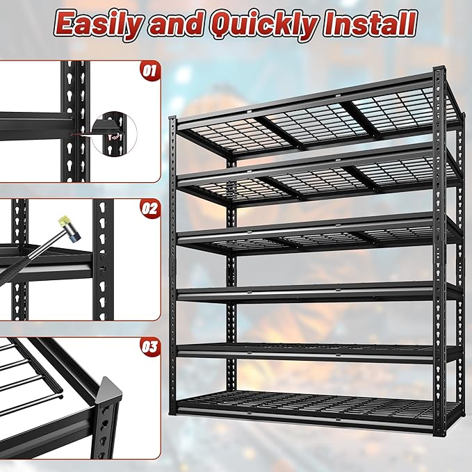 REIBII 3600LBS Garage Shelving 78" H Storage Shelves Heavy Duty 6-Tier Adjustable Matel Shelving Easy Assembly Storage Shelf for Garage Basement Warehouse Pantry, 48" W X 24" D X 78" H