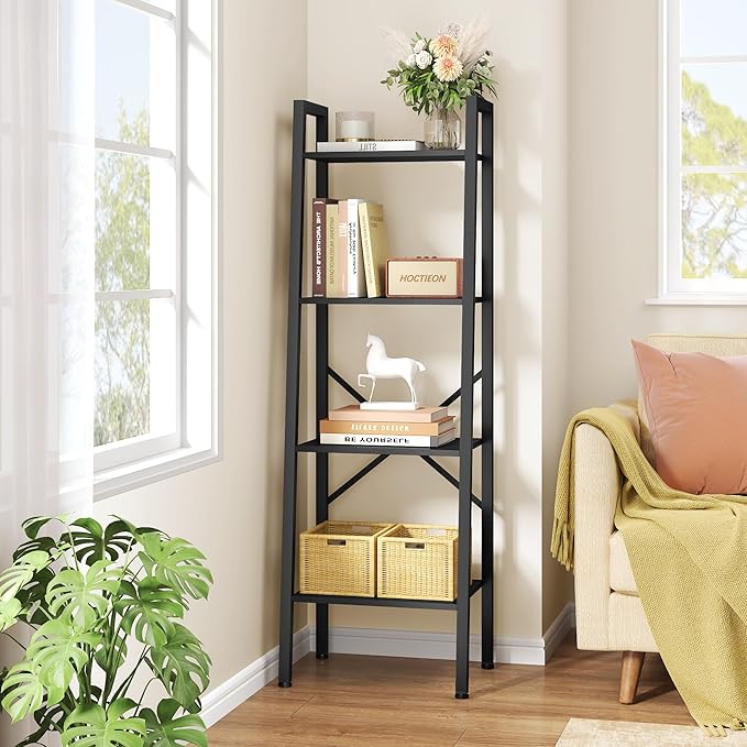 Hoctieon 4-Tier Industrial Ladder Bookshelf, Narrow Ladder Shelf, Tall Standing Bookshelf, Skinny Open Ladder Shelf, for Living Room, Home Office, Kitchen, Bedroom, Metal Frame, Black