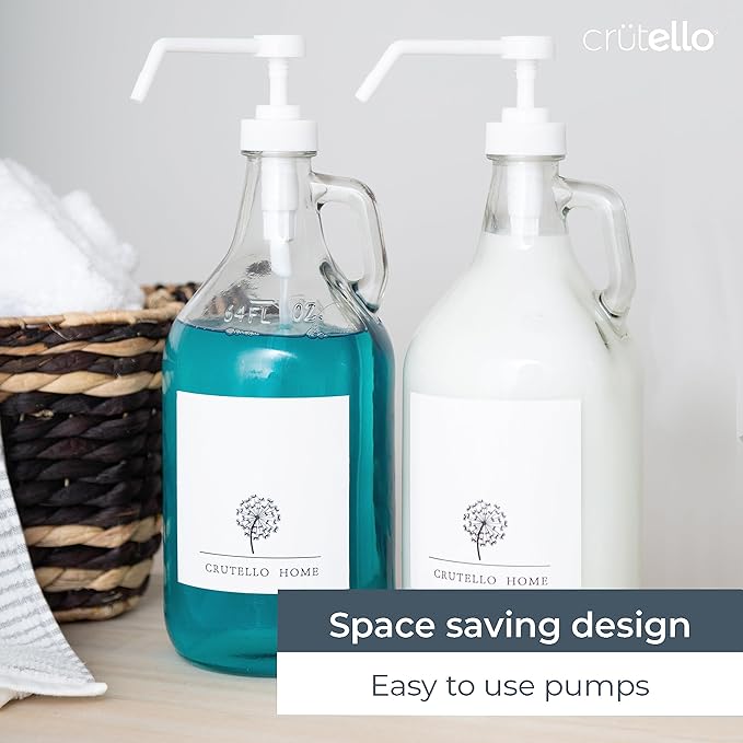 Crutello 64 oz Glass Laundry Detergent Dispenser for Detergent, Bleach, Syrup Pump Dispenser, Ketchup Pump, Glass Pump Bottle for Laundry Room Decor with Spray Bottle for Cleaning Solutions