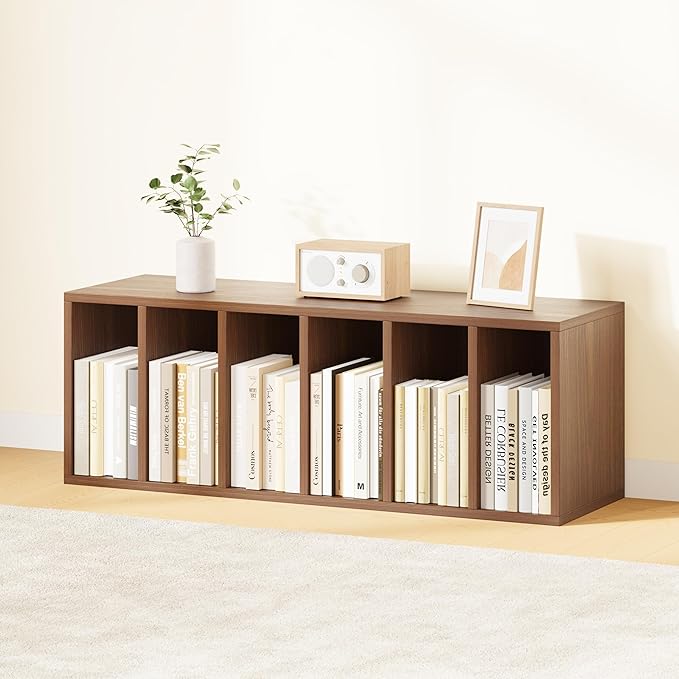 IOTXY DIY Modular Cube Bookcase - CubeXY Customizable Stackable Expandable Basic Shelving Units, 6-Cube Wooden Open Bookshelf with Removable Shelves for Books Organizer, Walnut