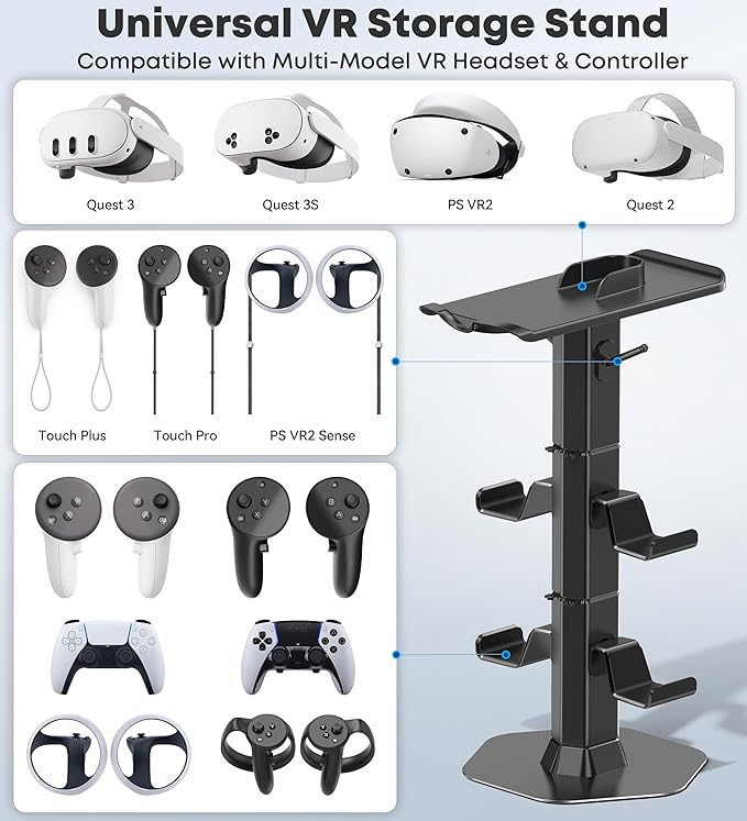 Headphone & Controller Stand with VR Headset Holder for Desk, Universal Gaming Controller & Headset Holder for PS5/Xbox/PSVR2/Meta Quest Pro/3/2, Headphone/Controller/VR Storage with Cable Organizer