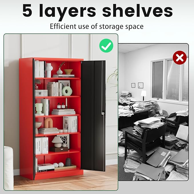 Letaya Metal Storage Cabinets with Lock, 72" Tall Locker Organizer Steel Cabinets, Adjustable Layers Shelves 2 Doors for Home, Office, Warehouse,Garage(Black Red)