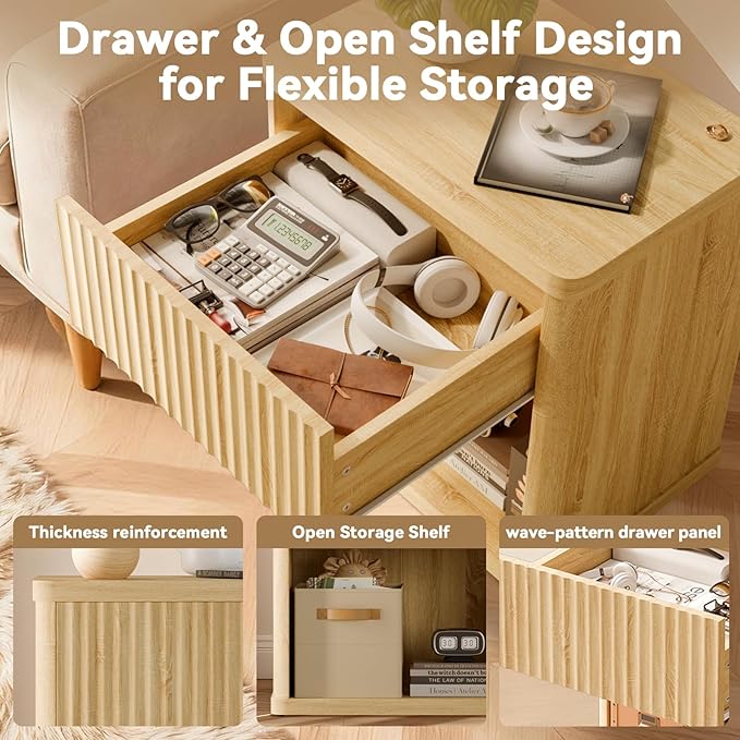 Fluted Nightstands Set of 2, Bedside Tables with Wave Pattern Drawer, Open Shelf & Rounded Corners, Modern Wood End Table for Small Space, Bedroom Decor