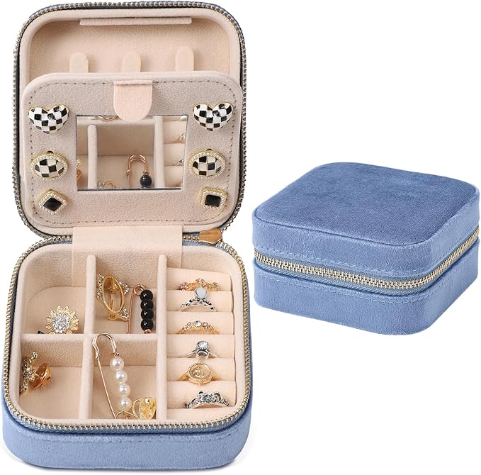 Dajasan Velvet Travel Jewelry Box, Mini Travel Jewelry Case, Small Portable Travel Jewelry Organizer Box with Mirror for Women Girls (blue), 3-layer