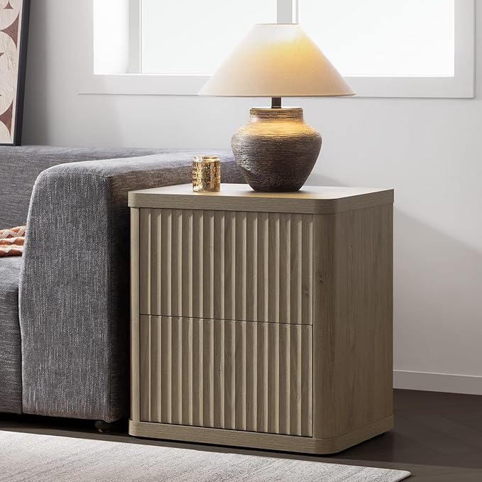 SICOTAS Night Stand Nightstand with 2 Drawers Storage Bedside Table Large Fluted Bed Side End Table Modern 24.4" Tall Wide Night Stands for Bedroom Living Room Sofa Couch Home Office, Grey Alder