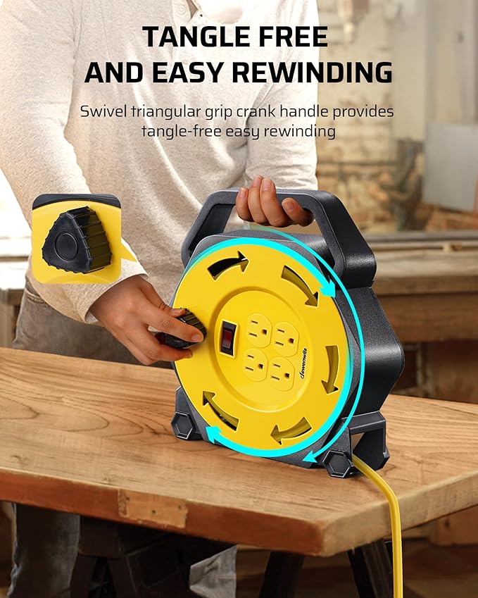 DEWENWILS Extension Cord Reel with 25 FT Power Cord, Hand Wind Retractable, 16/3 AWG SJTW, 4 Grounded Outlets, 13 Amp Circuit Breaker, Yellow, Yellow Cord, UL Listed