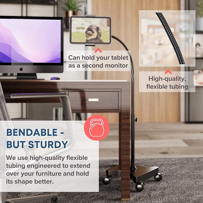 LEVO Adjustable Height Floor Stand on Wheels for Tablet & Phone - Gooseneck Holder Mount with Stable Base - Compatible with All Cell Phones & Tablets (4-13 inch) - Black with Casters